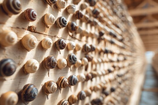Snails breeding on wooden farm boards