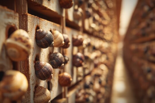 Snail farm with wooden panel rows