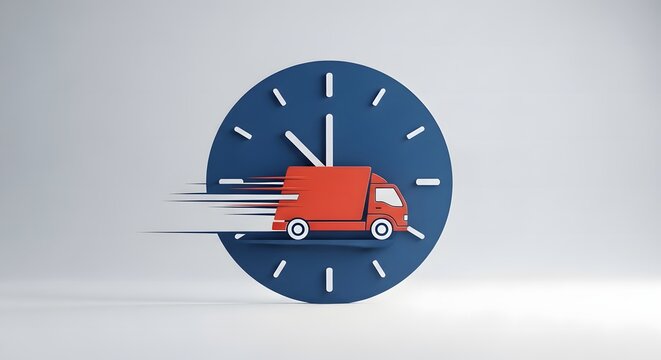 Fast Delivery Truck Speeding on Clock Face Express Shipping Time Concept