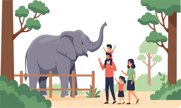 Family Visiting Elephant at Zoo Park with Parents and Children Watching Wildlife Animal in Nature Park Educational Recreation Flat Vector Illustration