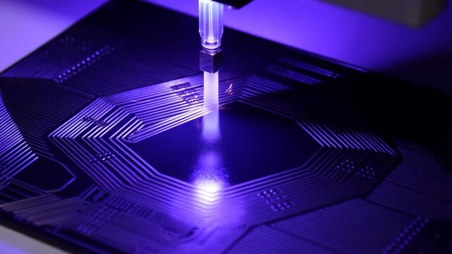 Silicon wafer being etched by a laser with blue light reflecting on the circuit board surface featuring technology, semiconductor, manufacturing with