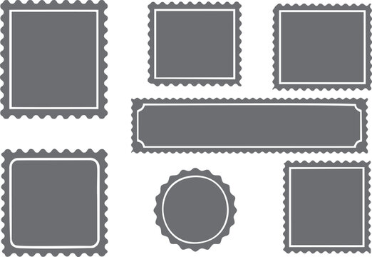 Collection of dark grey postage stamp frames with perforated edges on a white background