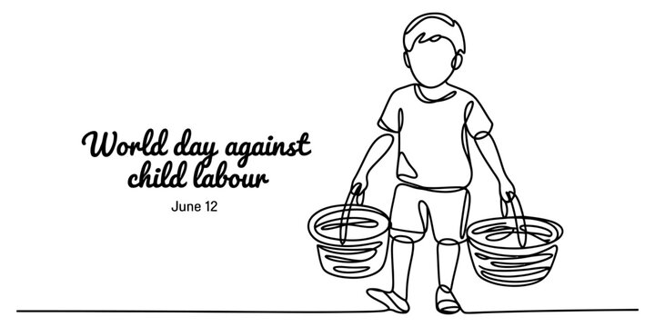 A single line drawing of a young boy carrying two heavy buckets for the world day against child labour Vector, illustration