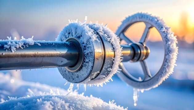 Extreme macro cryogenic industrial valve frost ice buildup operational reliability extreme cold copy space
