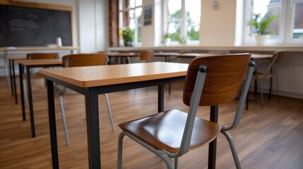 Fototapeta premium An empty classroom with wooden desks and chairs natural light streaming through inviting a sense of study and learning