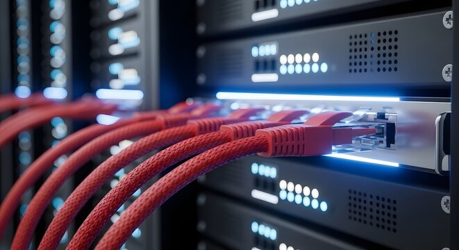 Close up of red network cables connected to a server switch. High speed fiber internet and connectivity. Macro shot of rj45 connectors plugged into a hardware rack with blue light