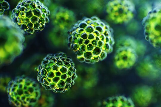 Microscopic green algae cells in geometric clusters