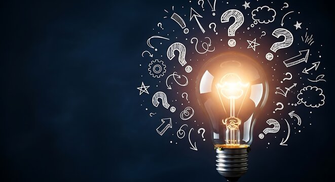 Glowing Incandescent Light Bulb Illuminates a Swirl of Question Marks and Symbols, Representing Ideas and Solutions.