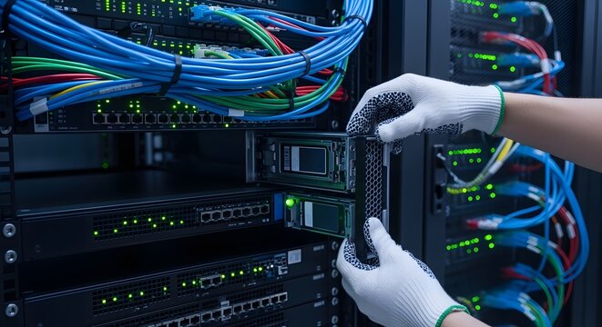 IT technician installing a server module into a rack mount system. Hardware maintenance and infrastructure upgrade. Professional hands in gloves sliding a computer component into a slot