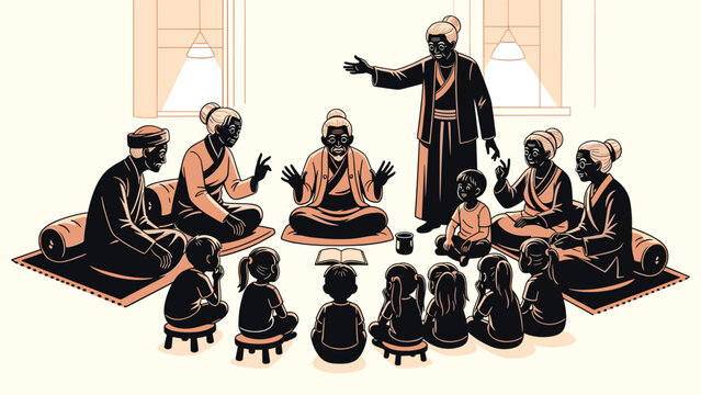 Storytelling circle vector elder storyteller with children listening cultural heritage oral tradition session