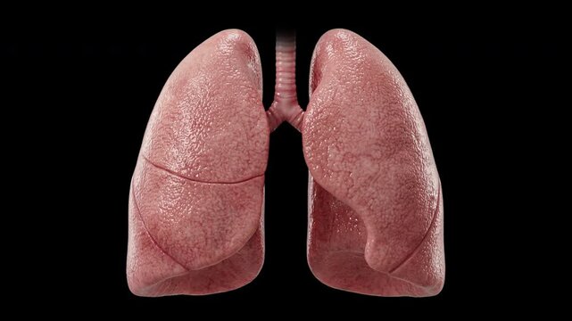 Human lungs with visible trachea expanding and contracting in medical anatomy motion on transparent background