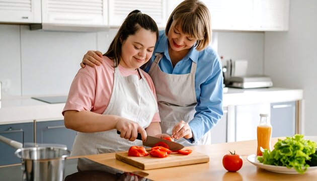Woman with Down syndrome learning to cook with assistance.