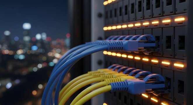 Network patch panel with glowing connectivity status. Smart city infrastructure and global networking. Blue and yellow cables connected to server rack equipment