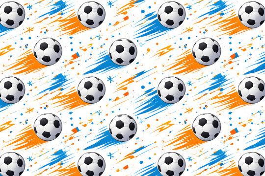A vibrant pattern of black and white soccer balls against a colorful backdrop