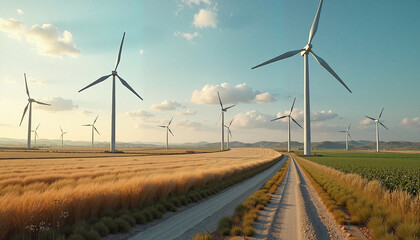 Obraz premium Wind turbines along rural road through farmland under clear sky with copy space