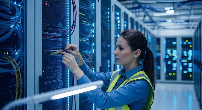 Professional female technician repairing server rack in hosting facility. Network hardware maintenance and system upgrade. Woman engineer in blue shirt connecting cables in server room