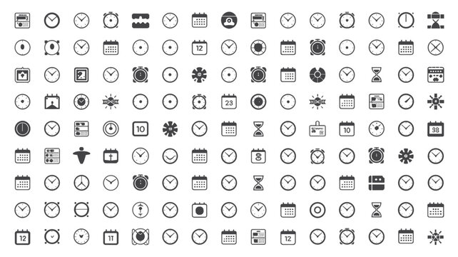 Set of 120 Date and Time Black Line Vector Icons