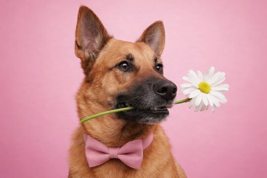 Mother's Day card German shepherd dog with daisy flower and pink bow tie on pastel background, cute romantic pet portrait