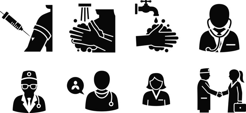 Healthcare hygiene icons vector set vaccination handwashing doctor nurse consultation medical professional patient safety