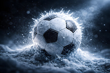 Naklejka premium A frozen soccer ball bursts through ice showcasing winter sports and dramatic effects