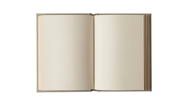 Open hardcover book with blank cream pages and textured beige cover on white background open book blank pages