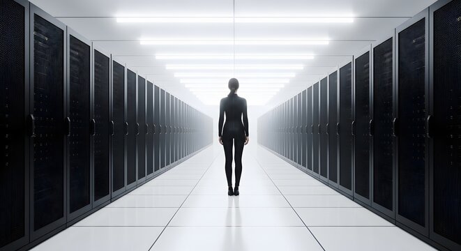 Rear view of a female specialist standing in a white server room. Cloud architecture and mainframe management. Woman monitoring a sterile high tech data storage center