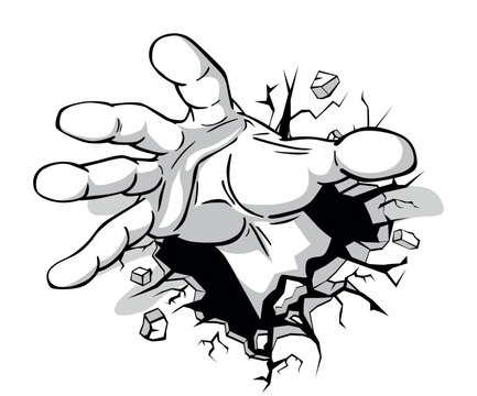 Strong hand breaks through the wall to grab. Vector template on transparent background