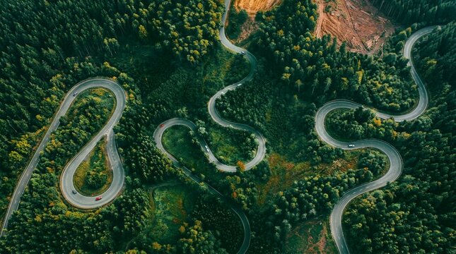 Aerial View of Winding Mountain Road Through Dense Green Forest


