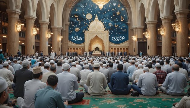 Muslim men praying in a mosque with arabic calligraphy and ornate architecture islamic community gathering for worship and spirituality
