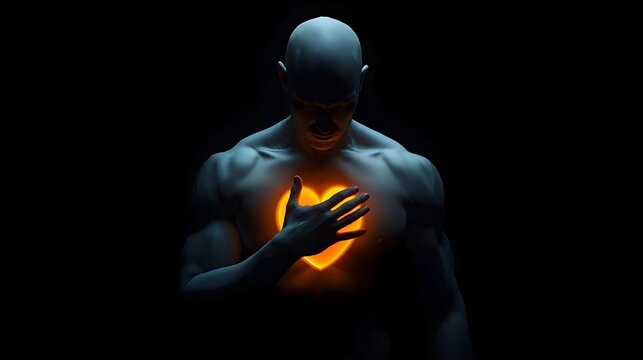A muscular, pale man in shadow holds his hand over a glowing, golden heart in his chest, symbolizing passion, inner light, or emotional intensity against a dark background.