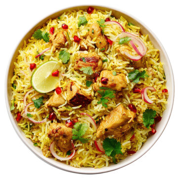 Delicious chicken biryani with pomegranate and lime isolated on transparent background