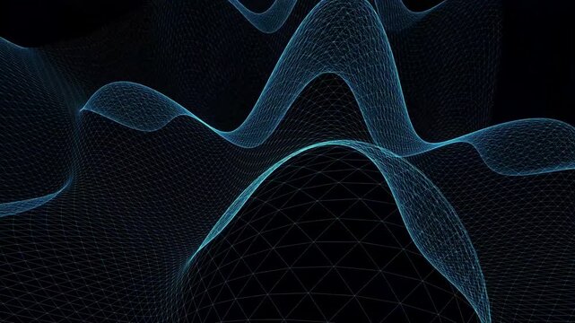 Abstract dark blue wireframe terrain forming dynamic fluid waves render 3d