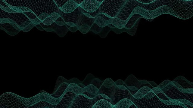 Green wireframe mesh forming double wavy terrain borders on black background render 3d
