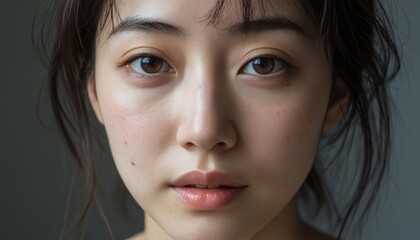 Fototapeta premium A young woman with natural makeup looks directly at the camera, showcasing her clear skin and soft features. The woman's expression is calm and serene in the soft lighting.