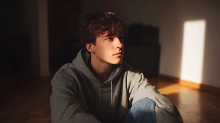 Obraz premium A focused young individual sits in a sunlit room with dramatic light and shadow looking contemplatively away