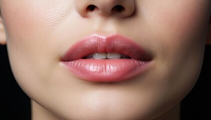 Naklejka premium A close-up of a woman's mouth shows smooth, glossy lips. The woman's lips appear soft and well-groomed, highlighting their natural pink hue and texture.