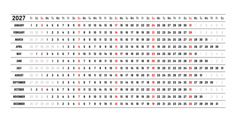 2027 calendar, linear and horizontal timeline planner, one page vector template, english language © mozZz