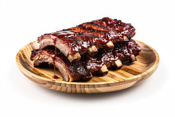 Obraz premium Barbecue Ribs on Bamboo Plate 35 Degree Angle Isolated on White Background Studio Image
