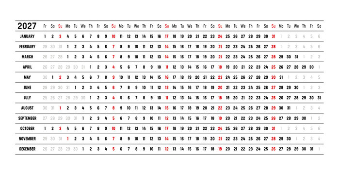 2027 calendar, linear and horizontal timeline planner, one page vector template, english language