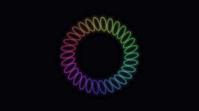 Glowing rainbow neon oval shapes forming a rotating circular pattern 3d render