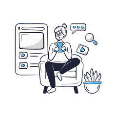 Fototapeta premium Young Woman Relaxing on Sofa with Smartphone, Online Learning Concept, Flat Illustration