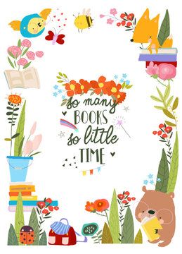 Cute Floral Frame Composed of Animals Reading Books. Vector Illustration