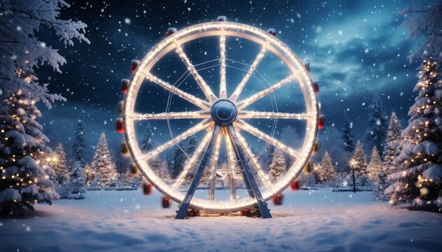 A large Ferris wheel is illuminated against a snowy backdrop. Snow-covered trees surround the Ferris wheel, creating a winter wonderland atmosphere.