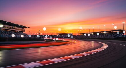 Obraz premium A professional racing circuit glows with vibrant red and pink lights under a stunning sunset sky. The curved track features modern stadium seating and bright floodlights.