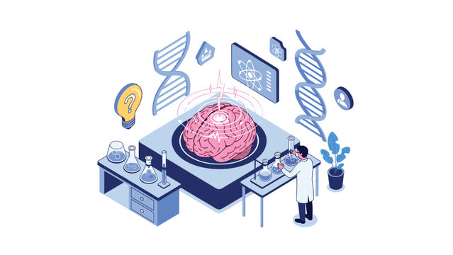 Isometric lab illustration of a scientist researching a giant brain with dna strands, chemical flasks, and light bulbs for scientific study.