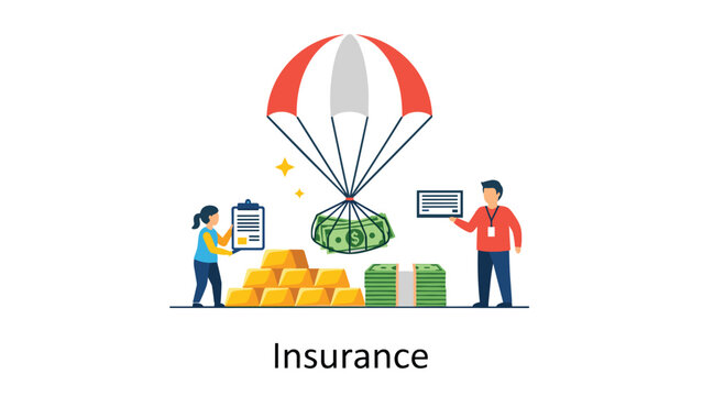Financial insurance concept with a large parachute delivering money and gold to people representing security, safety, and wealth protection.