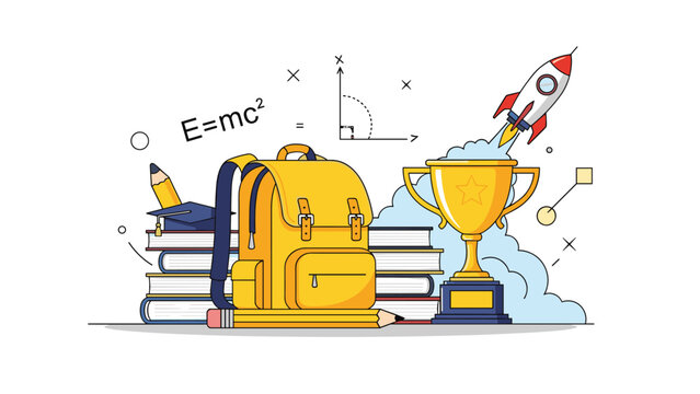 School supplies including a yellow backpack and books are shown next to a trophy and a launching rocket to symbolize student success.
