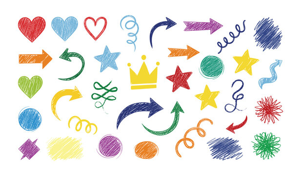 Collection of colorful hand-drawn doodles including hearts stars arrows swirls and shapes