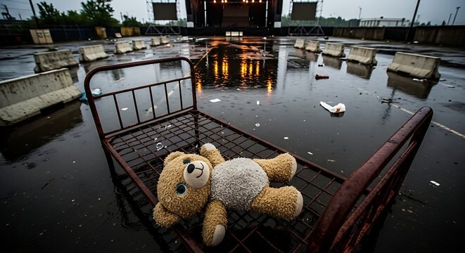 A lone teddy bear rests on an abandoned, rusty bed frame on wet, cracked pavement before a dimly lit outdoor stage