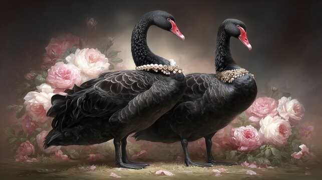 Illustration of two black swans, one in profile and one in the background, decorated with white pearls and surrounded by blooming flowers.Artistic, elegant, and whimsical style suitable for decorative